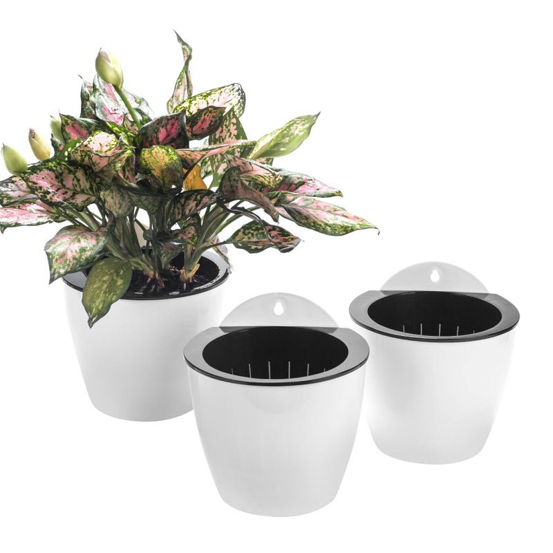 ORIMERC 3 Pack Self Watering Wall Hanging Planter Pots Vertical Garden Window Hang Mount Indoor Outdoor Plant Flower Basket for Kitchen Herbs Balcony Railing Shelf Fence Bedroom Trellis Decor Modern White Box - Image 1